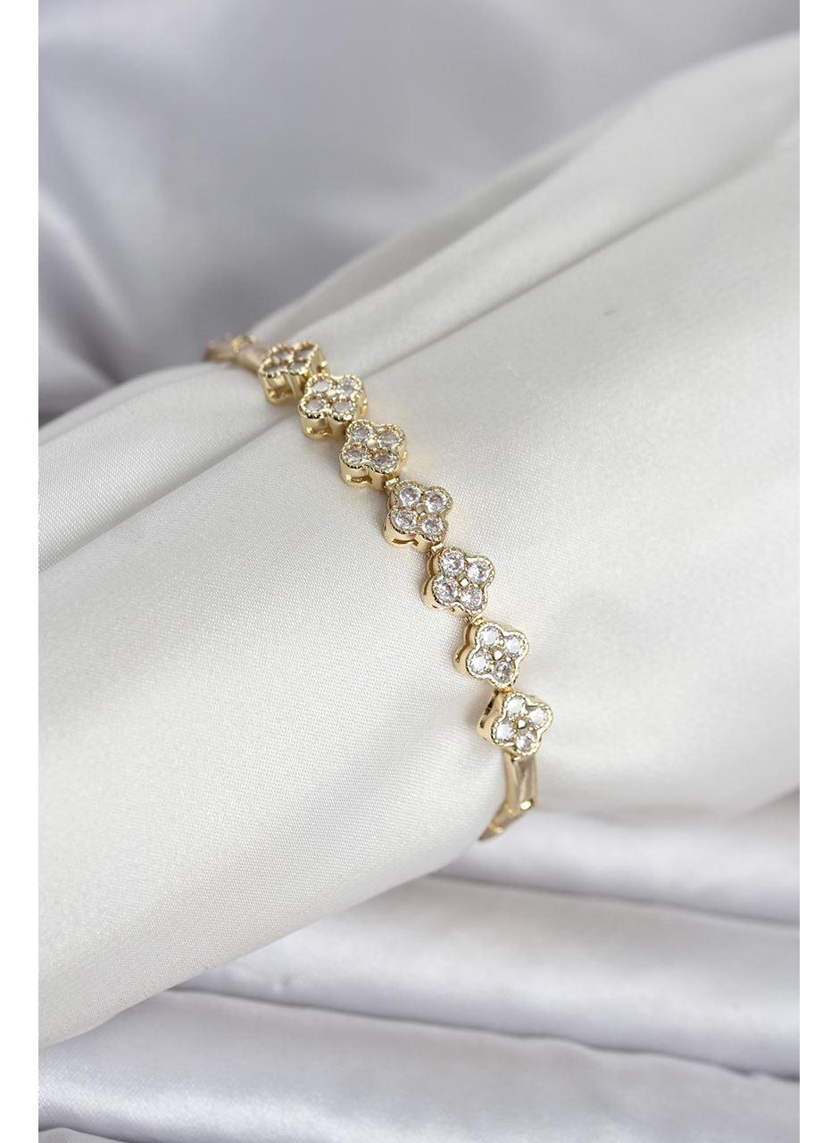 Pirinç Gold Renk Yonca Model Zirkon Taşlı Kadın Bileklik