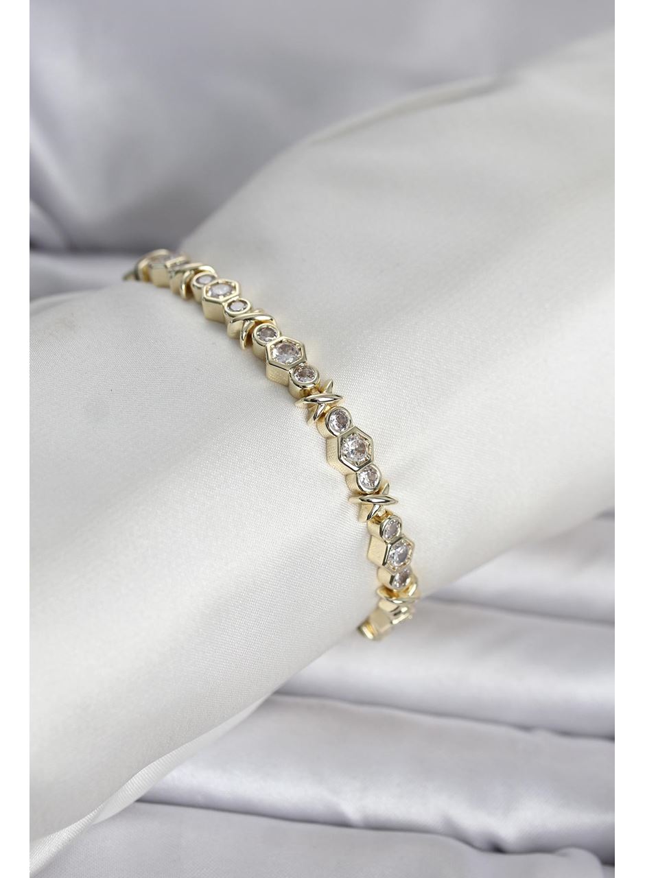 Pirinç Gold Renk Petek Model Zirkon Taşlı Kadın Bileklik