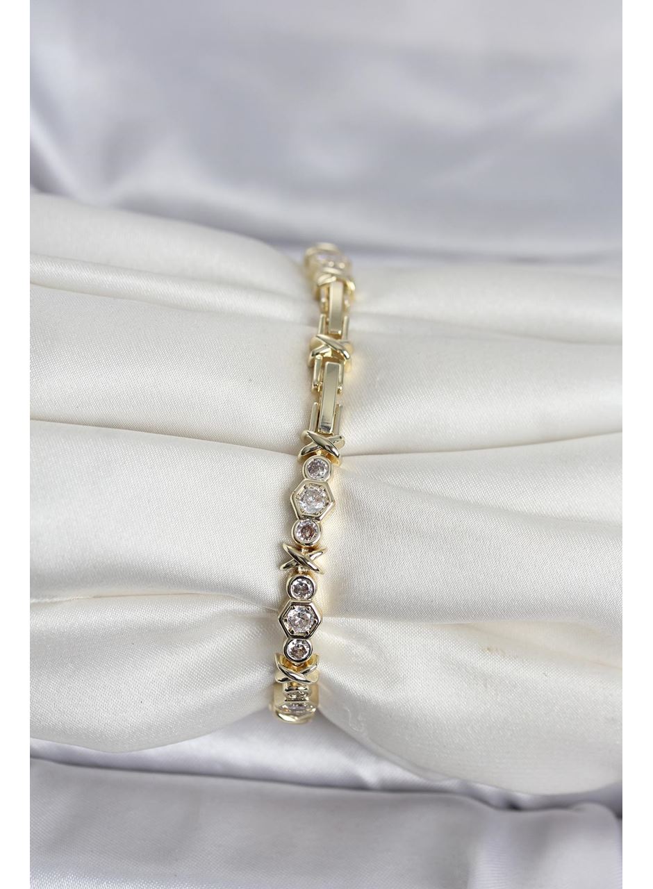 Pirinç Gold Renk Petek Model Zirkon Taşlı Kadın Bileklik