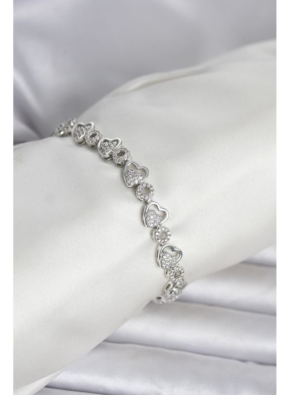 Pirinç Gümüş Renk Zirkon Taşlı Kalp Model Kadın Bileklik