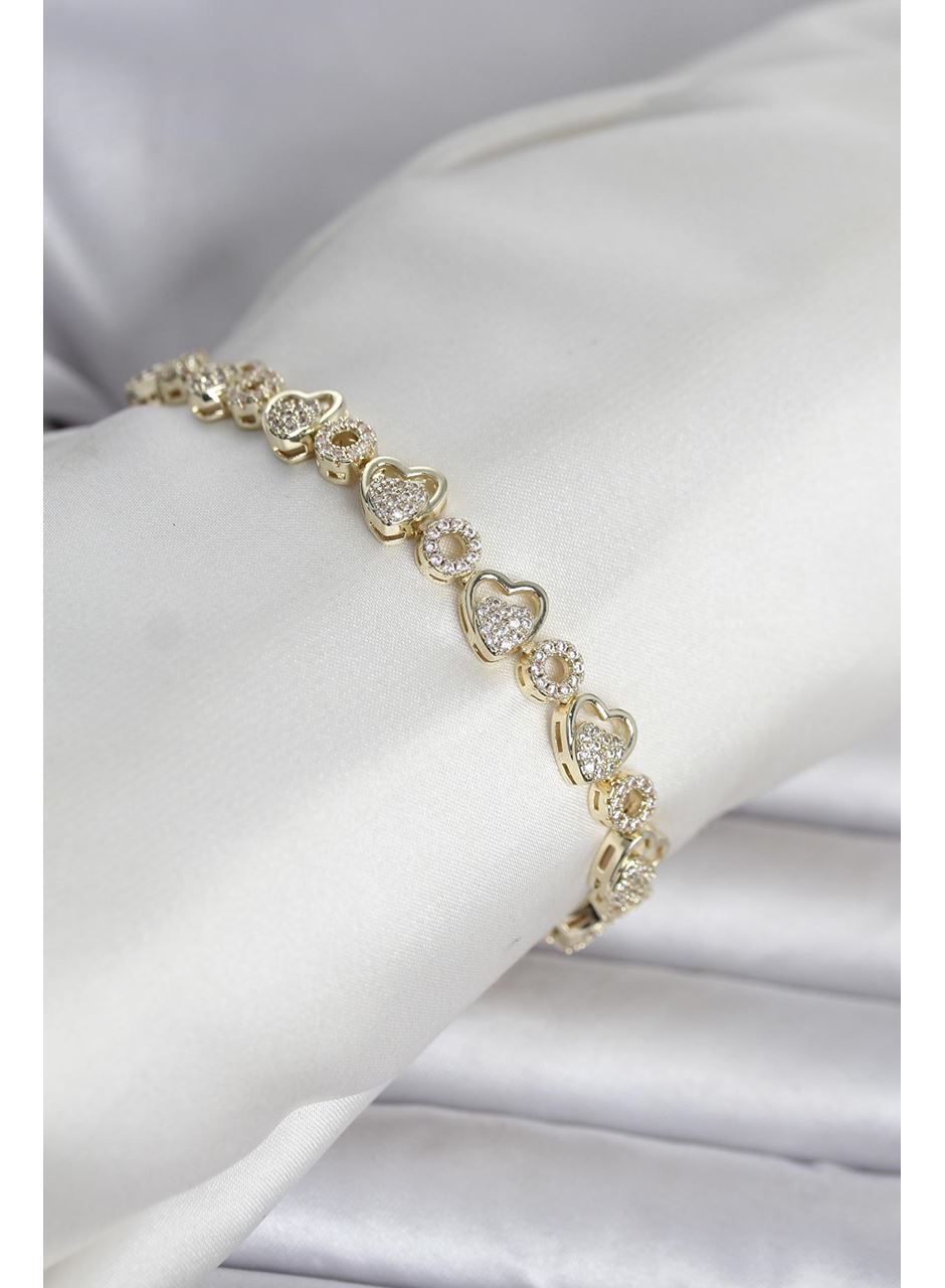 Pirinç Gold Renk Zirkon Taşlı Kalp Model Kadın Bileklik