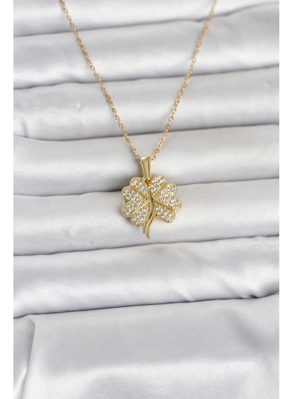 316L Çelik Gold Renk Açılabilir Yonca Model Zirkon Taşlı Kadın Kolye