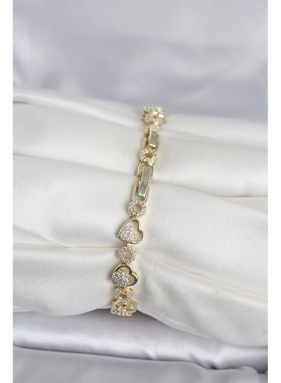 Pirinç Gold Renk Zirkon Taşlı Kalp Model Kadın Bileklik