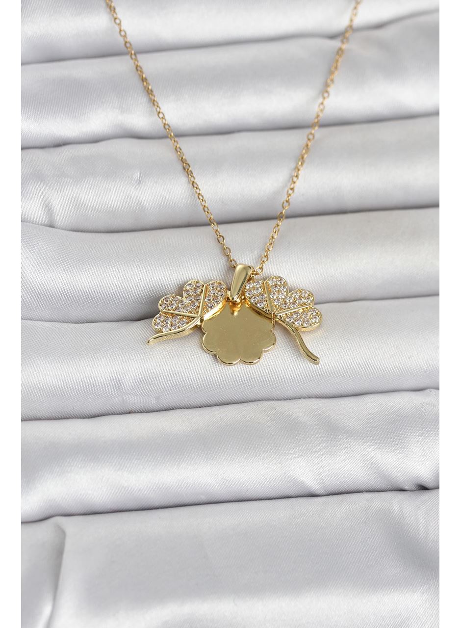 316L Çelik Gold Renk Açılabilir Yonca Model Zirkon Taşlı Kadın Kolye