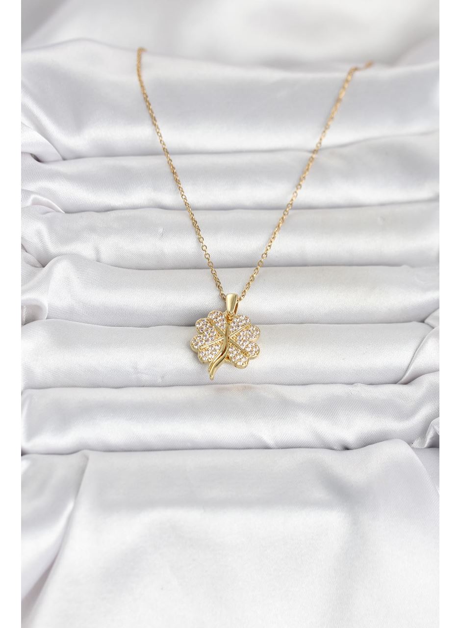 316L Çelik Gold Renk Açılabilir Yonca Model Zirkon Taşlı Kadın Kolye