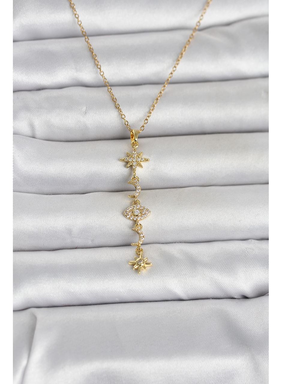 316L Çelik Gold Renk Kutup Yıldızı Y Model Zirkon Taşlı Kadın Kolye