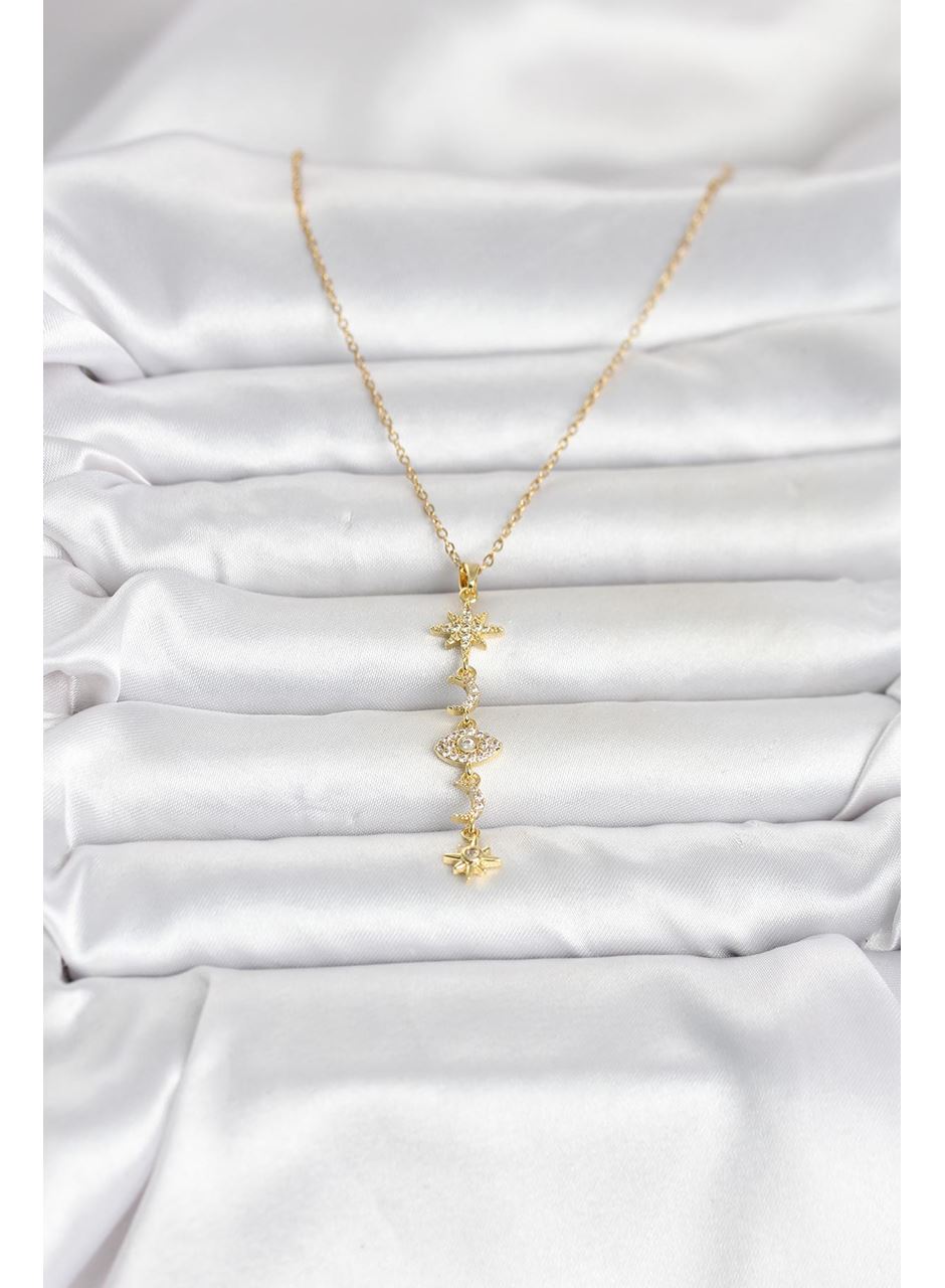 316L Çelik Gold Renk Kutup Yıldızı Y Model Zirkon Taşlı Kadın Kolye