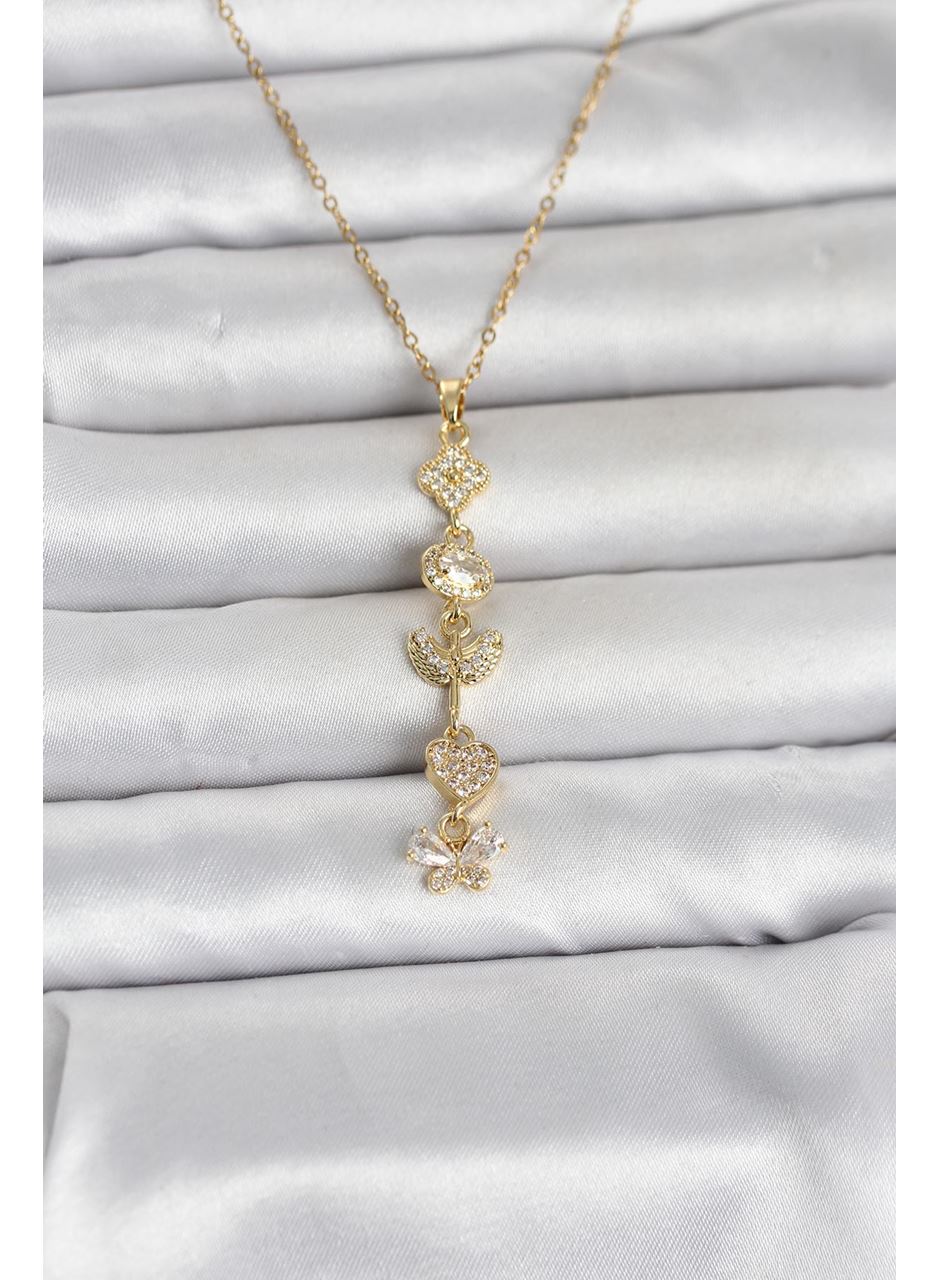 316L Çelik Gold Renk Şans Kolyesi Y Model Zirkon Taşlı Kadın Kolye