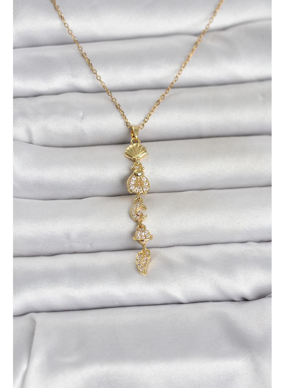 316L Çelik Gold Renk Deniz Temalı Y Model Zirkon Taşlı Kadın Kolye