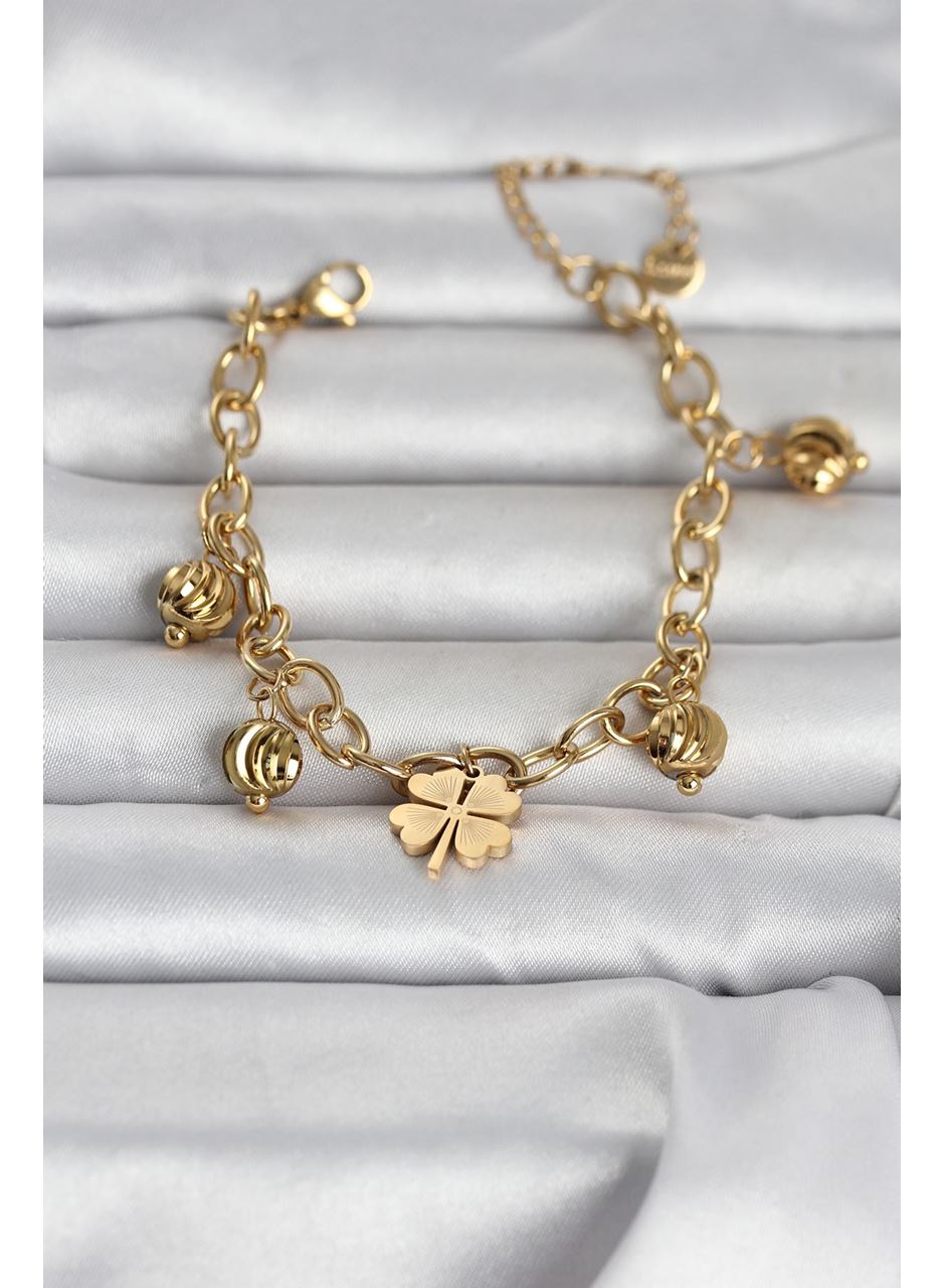 316L Çelik Gold Renk Yonca ve Dorikalı Kadın Bileklik