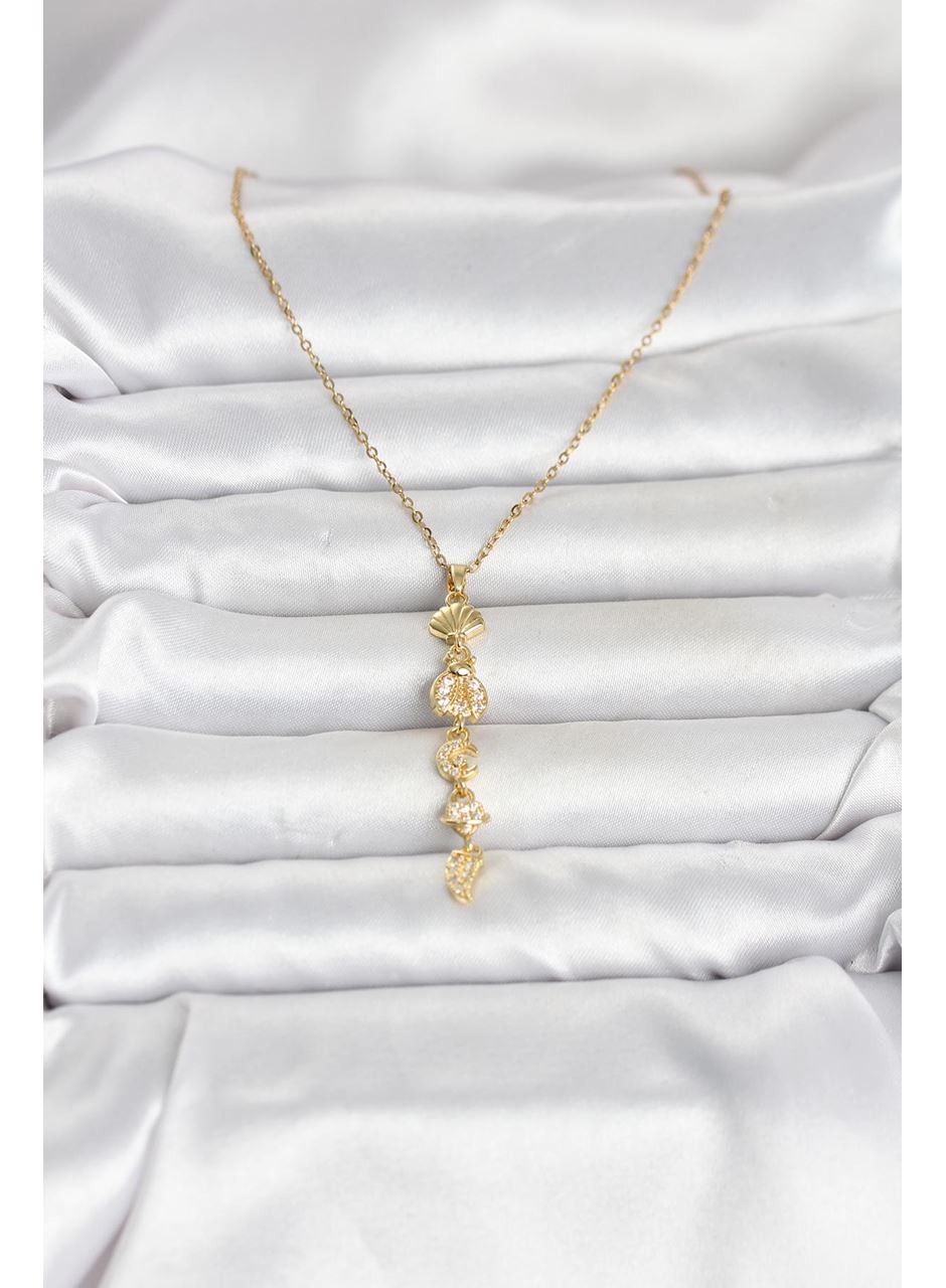 316L Çelik Gold Renk Deniz Temalı Y Model Zirkon Taşlı Kadın Kolye