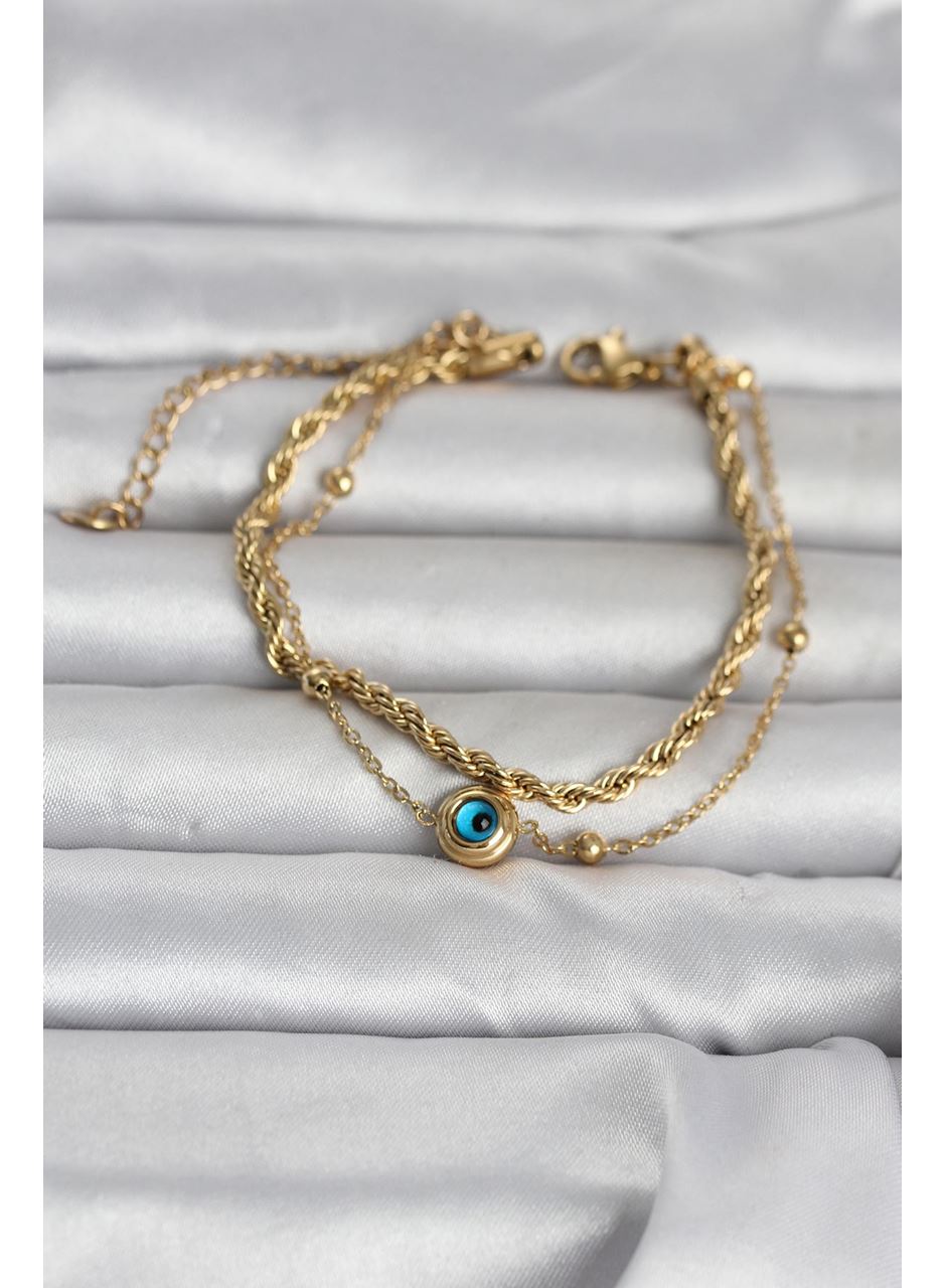 316L Çelik Gold Renk Burgu Zincir ve Nazarlı Kadın Bileklik