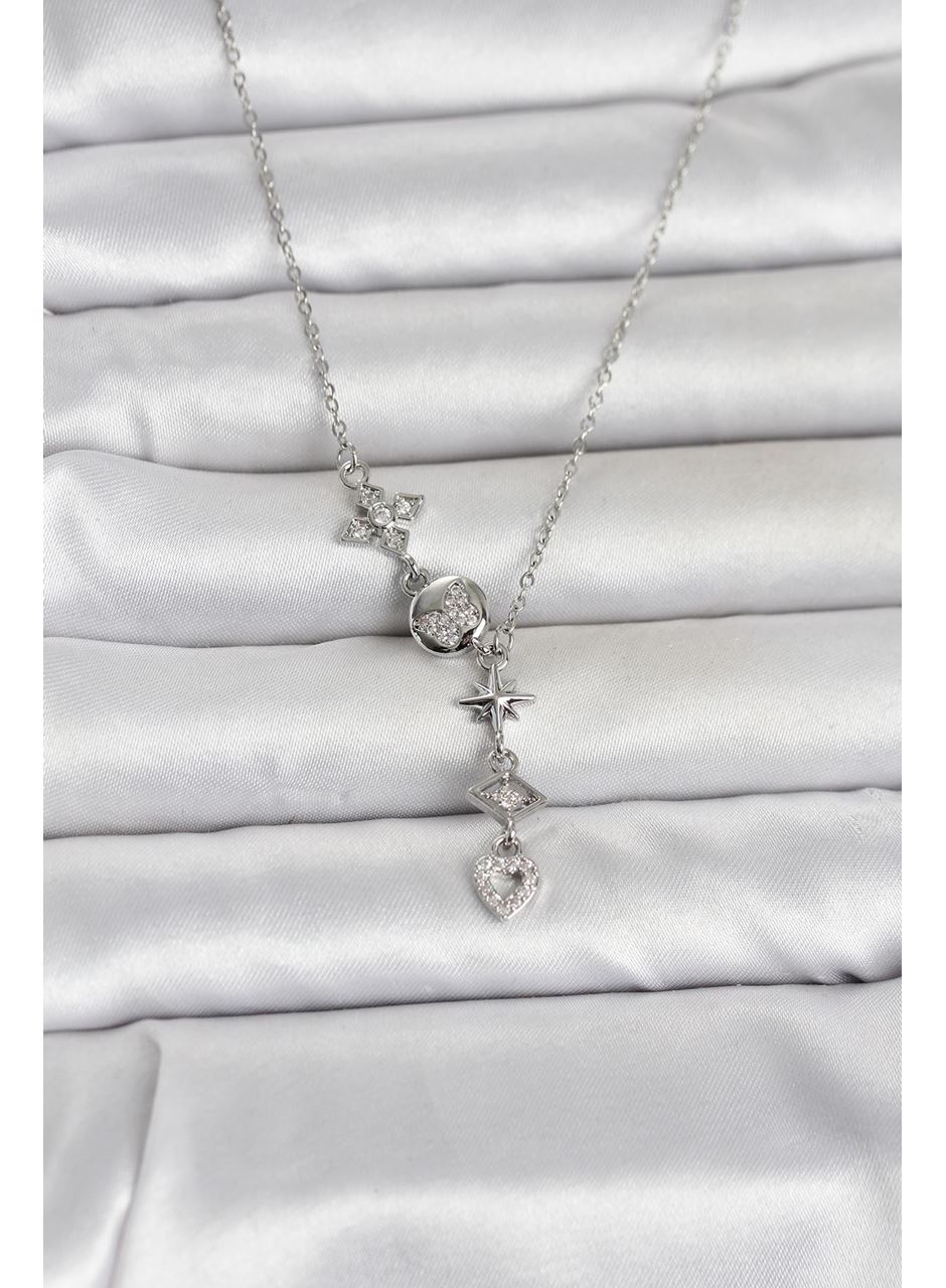 316L Çelik Gümüş Renk Zirkon Taşlı Y Kadın Kolye