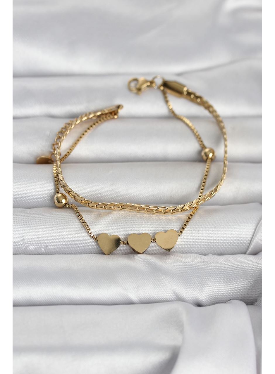 316L Çelik Gold Renk Ezme Zincir ve Kalpli Kadın Bileklik