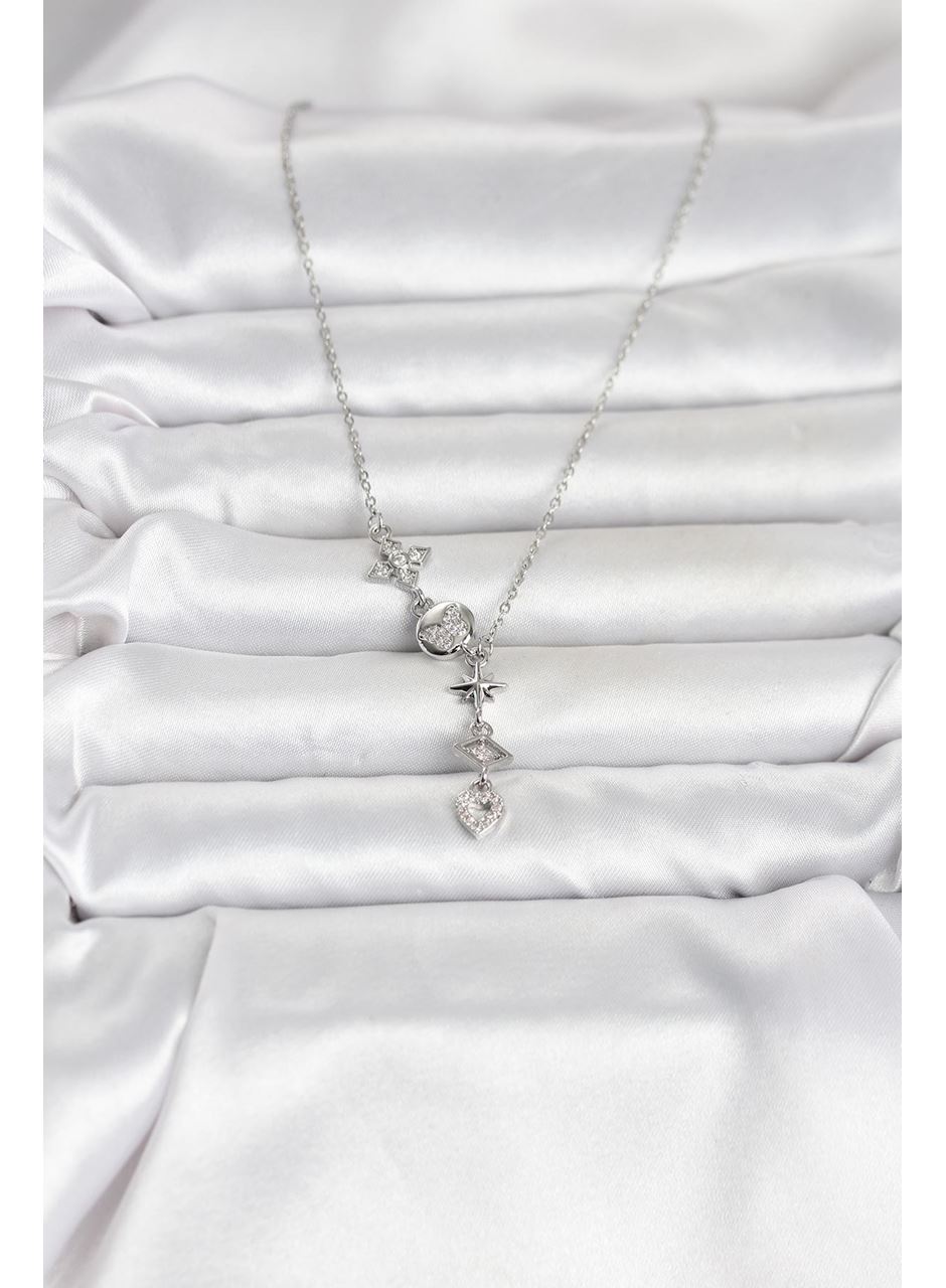 316L Çelik Gümüş Renk Zirkon Taşlı Y Kadın Kolye