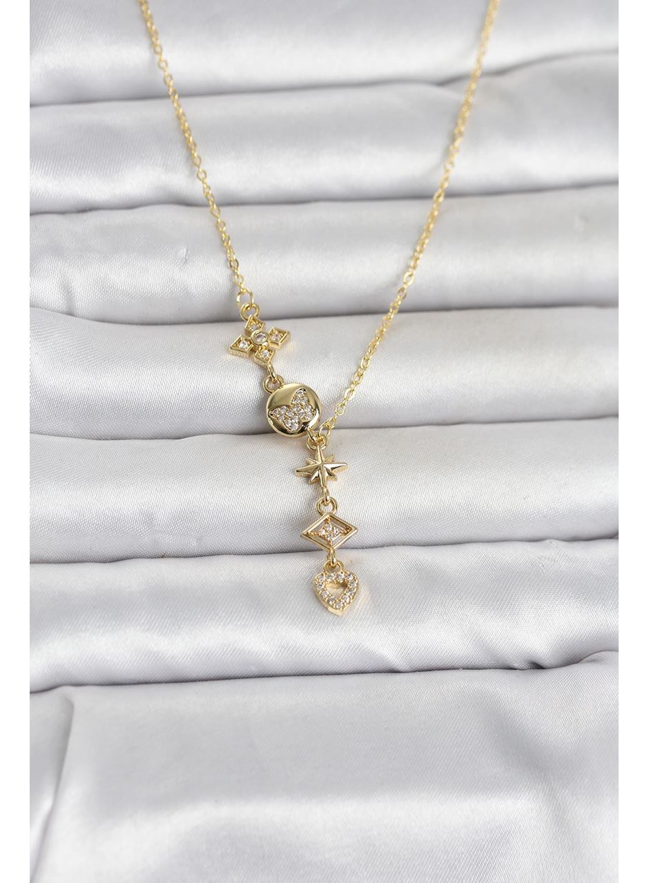 316L Çelik Gold Renk Zirkon Taşlı Y Kadın Kolye