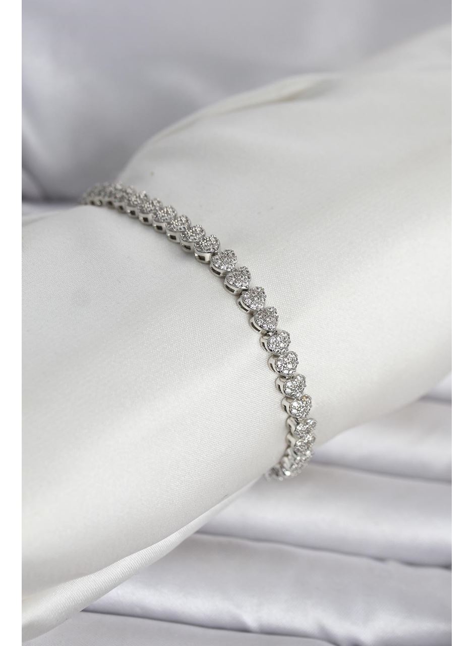 Pirinç Gümüş Renk Kalp Model Sıralı Zirkon Taşlı Kadın Bileklik