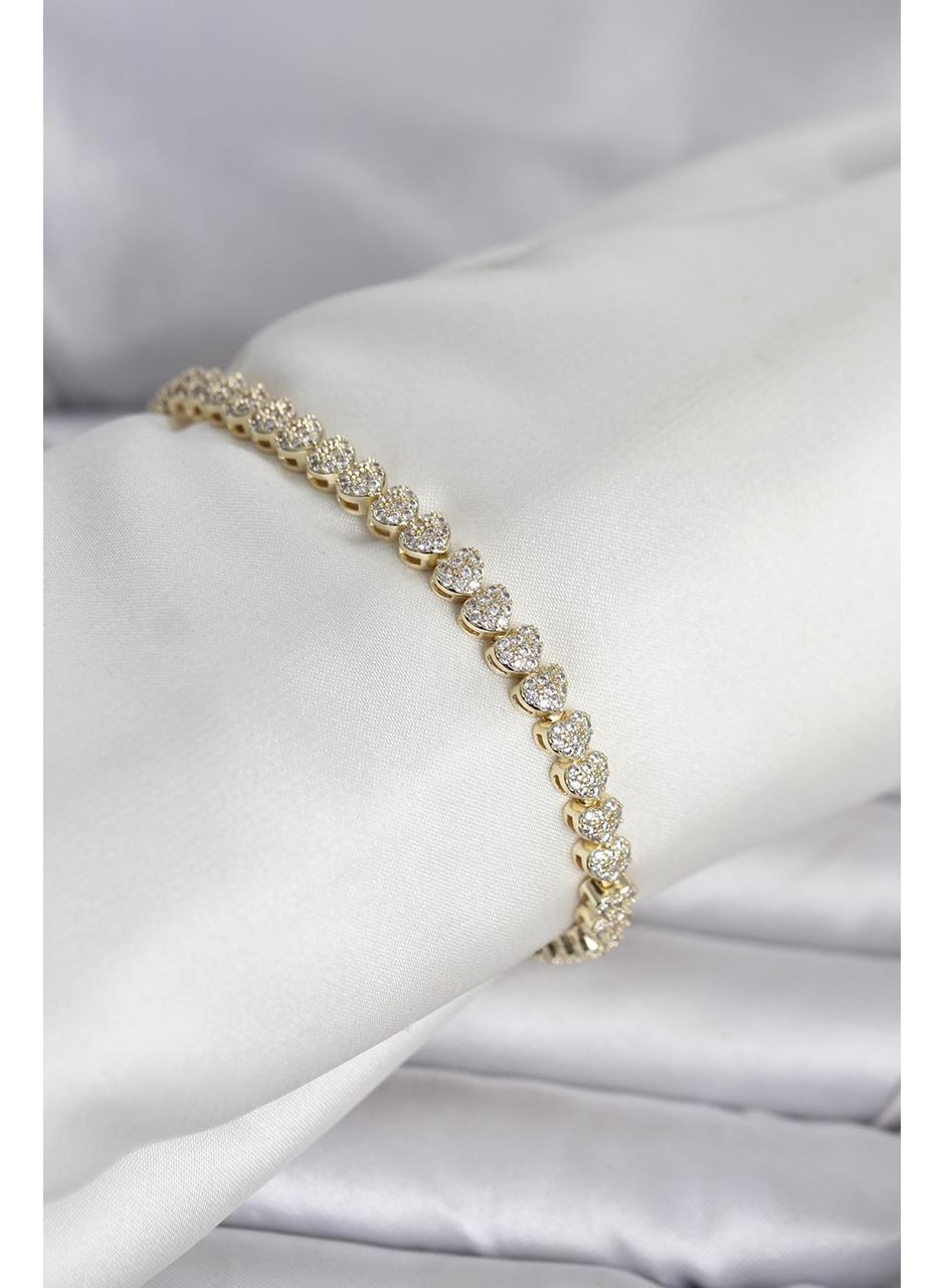 Pirinç Gold Renk Kalp Model Sıralı Zirkon Taşlı Kadın Bileklik