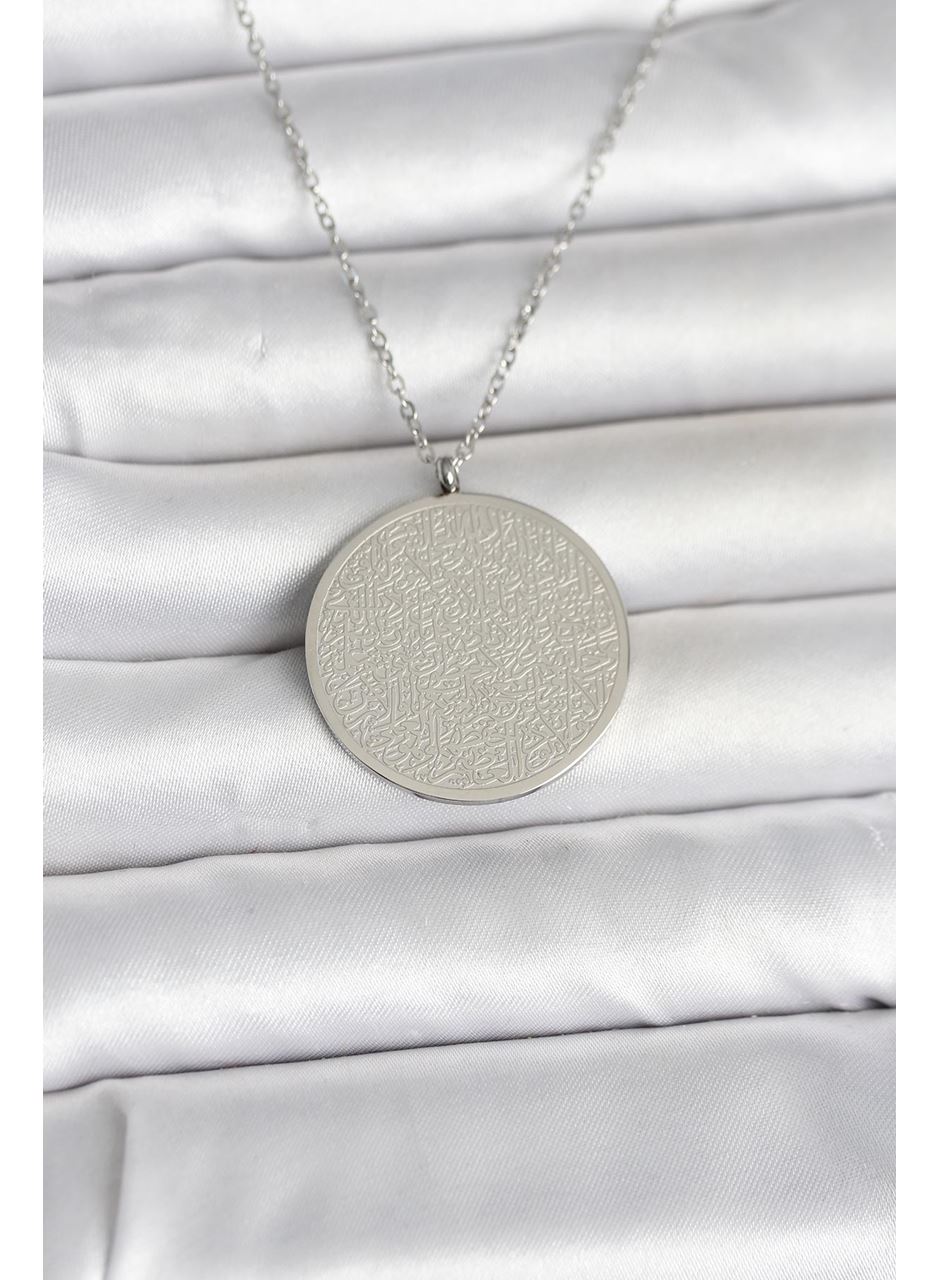 316L Çelik Gümüş Renk Ayetel Kürsi ve Allah Yazılı Kolye