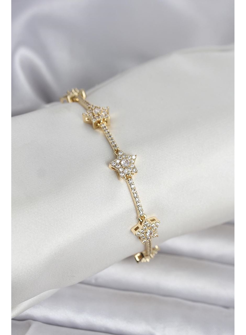 Pirinç Gold Renk Yıldız Model Zirkon Taşlı Kadın Bileklik