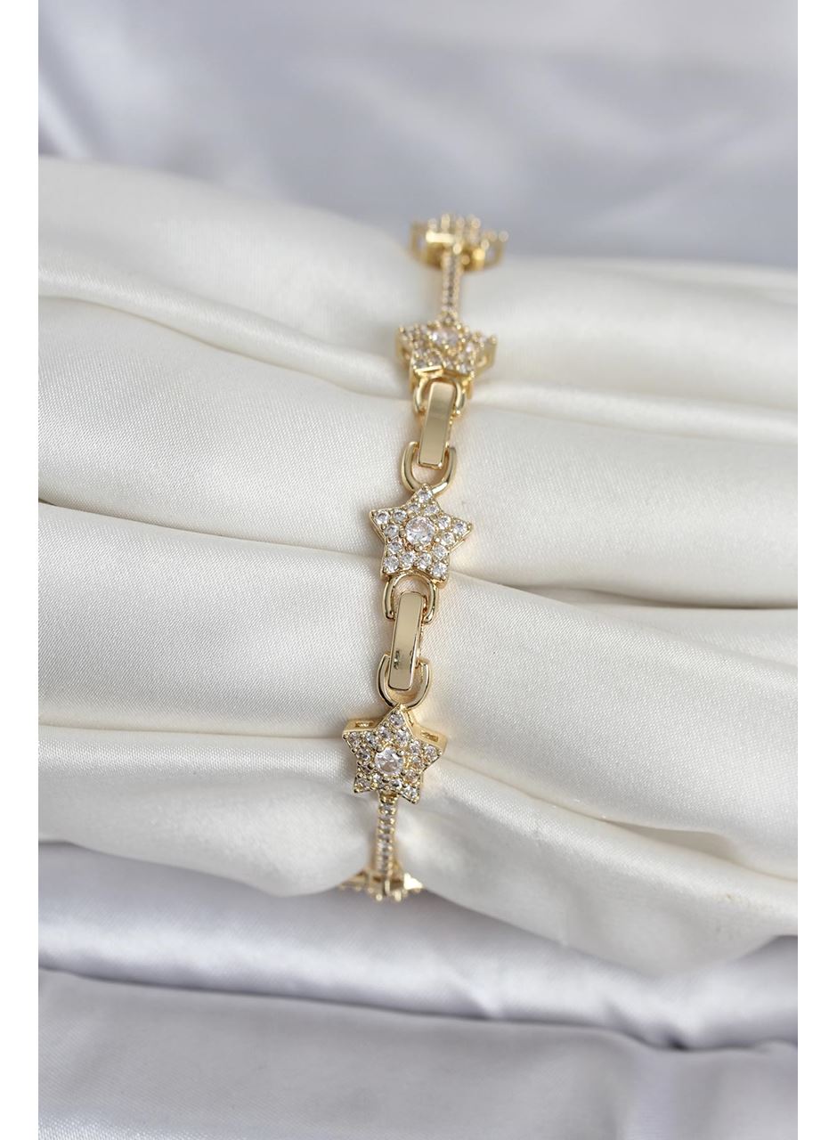 Pirinç Gold Renk Yıldız Model Zirkon Taşlı Kadın Bileklik