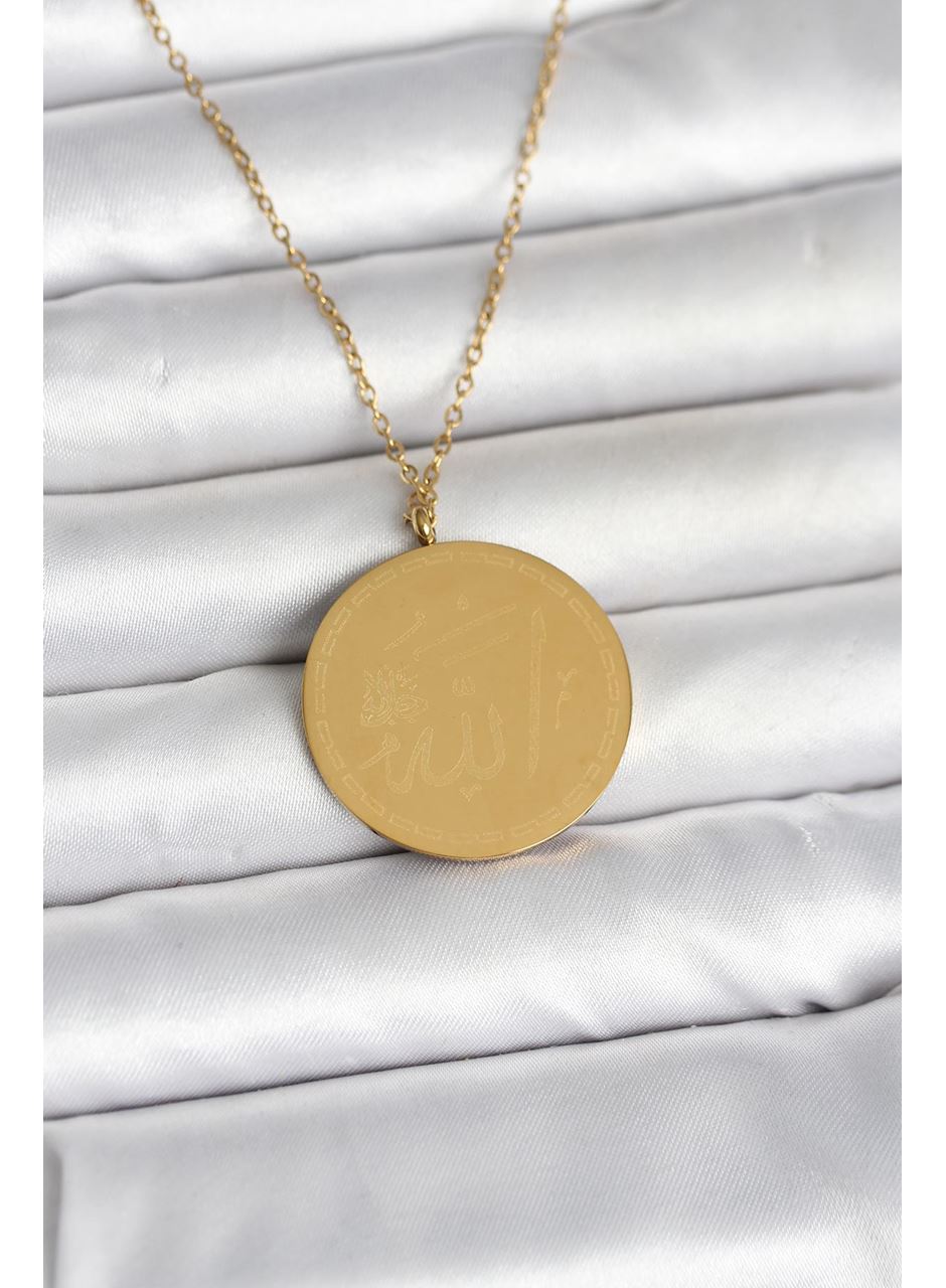 316L Çelik Gold Renk Ayetel Kürsi ve Allah Yazılı Kolye