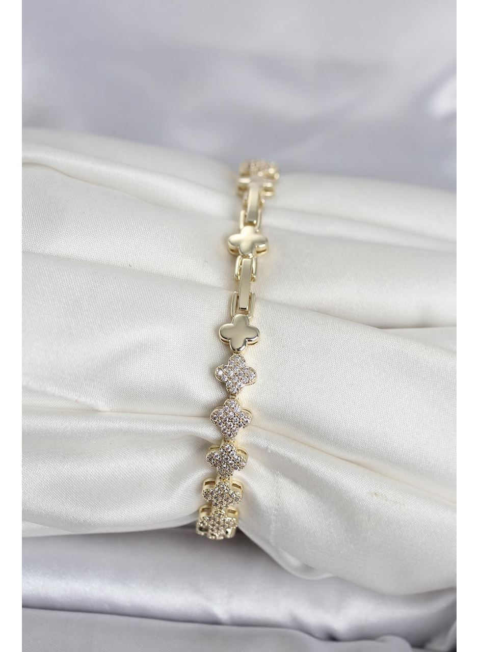 Pirinç Gold Renk Yonca Model Sıralı Zirkon Taşlı Kadın Bileklik