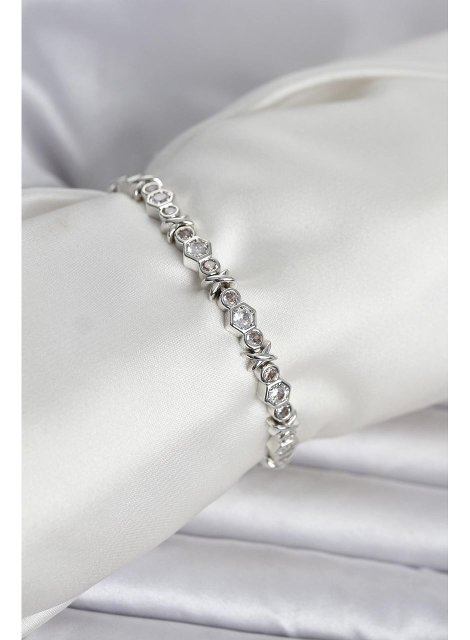 Pirinç Gümüş Renk Petek Model Zirkon Taşlı Kadın Bileklik