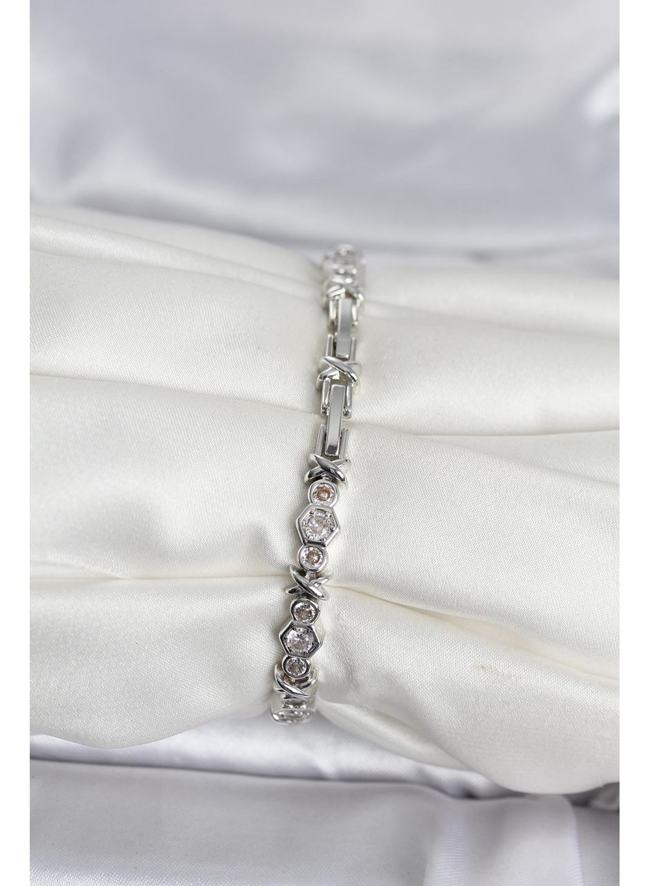 Pirinç Gümüş Renk Petek Model Zirkon Taşlı Kadın Bileklik