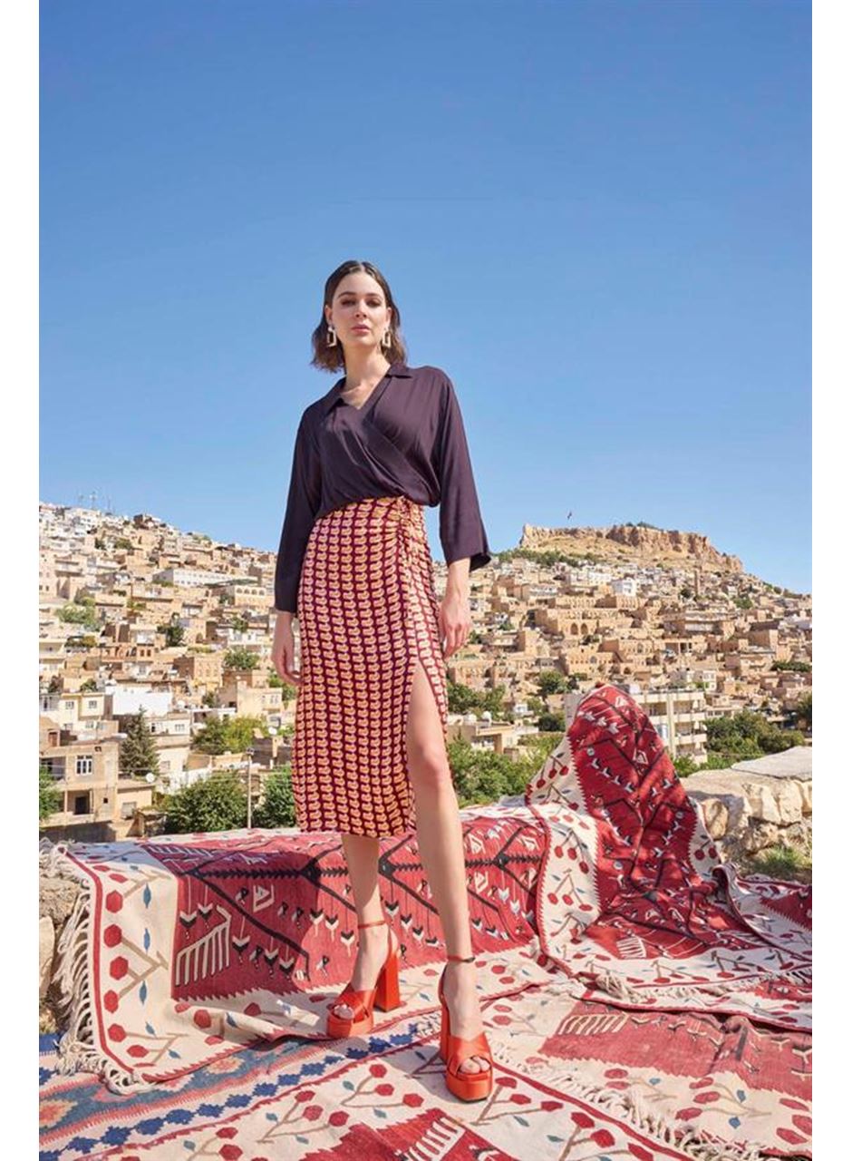 Etnik Desenli Saten Etek Takımı