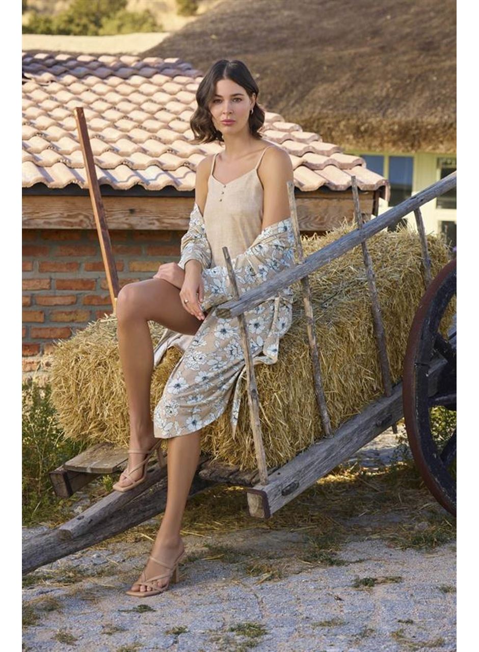 Çiçek Desenli Önü Düğmeli Sabahlık Takımı