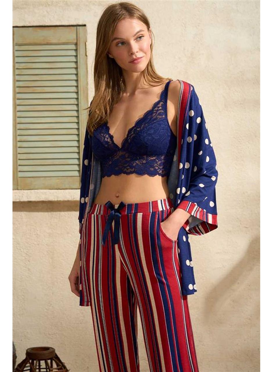 Kadın Viskon Puantiyeli Sabahlık Balensiz Desteksiz Dolgusuz Dantelli Bralet Sütyen ve Çizgili Pantolon Pijama 3'lü Takım (5669)