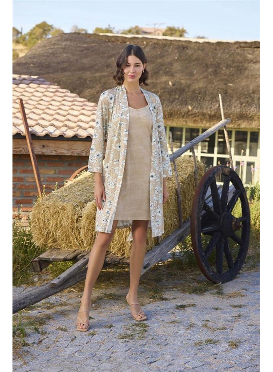 Çiçek Desenli Önü Düğmeli Sabahlık Takımı