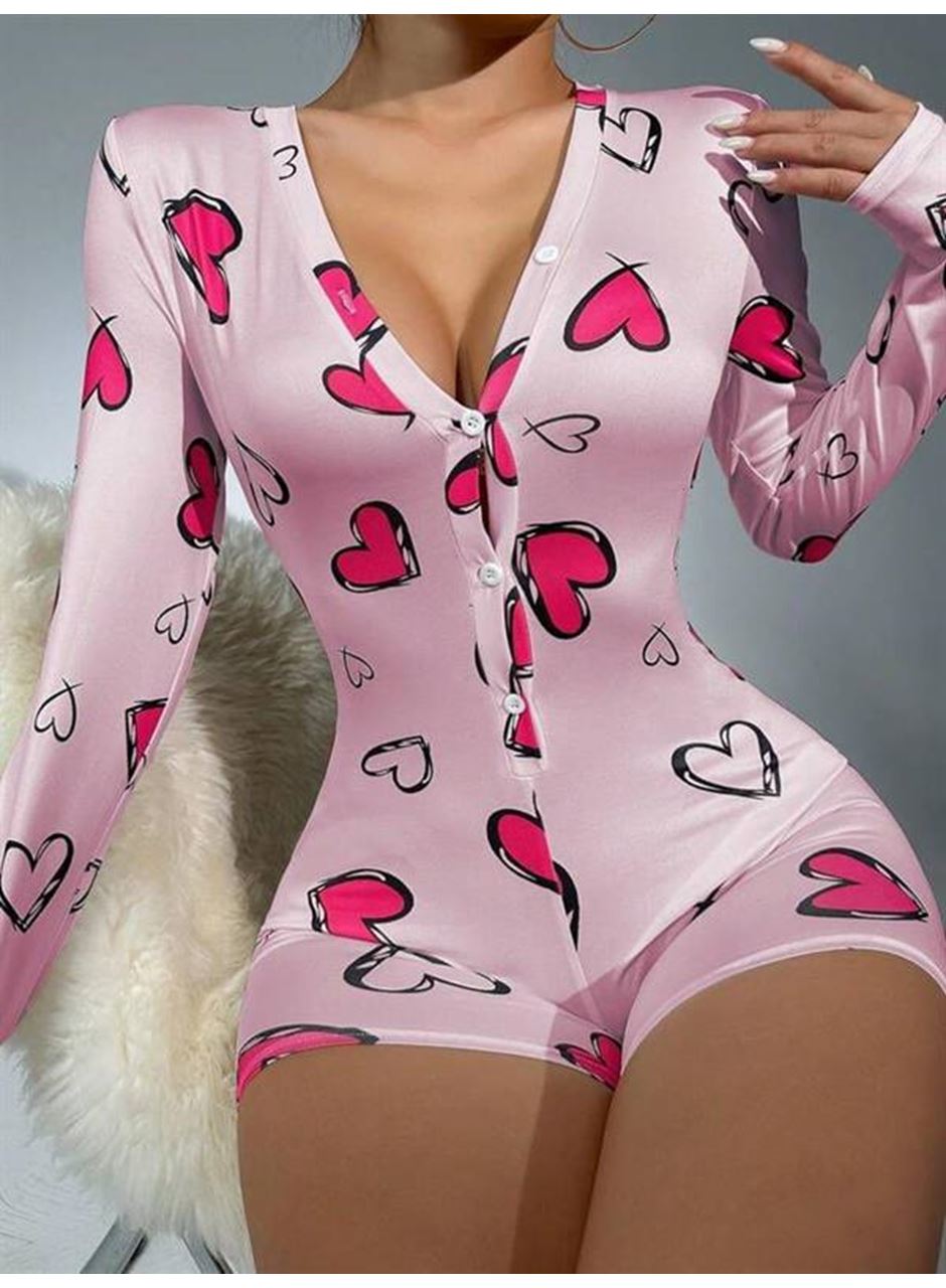 Pamuklu Pembe Kalp Desenli Düğmeli Uzun Kol Tulum Pijama