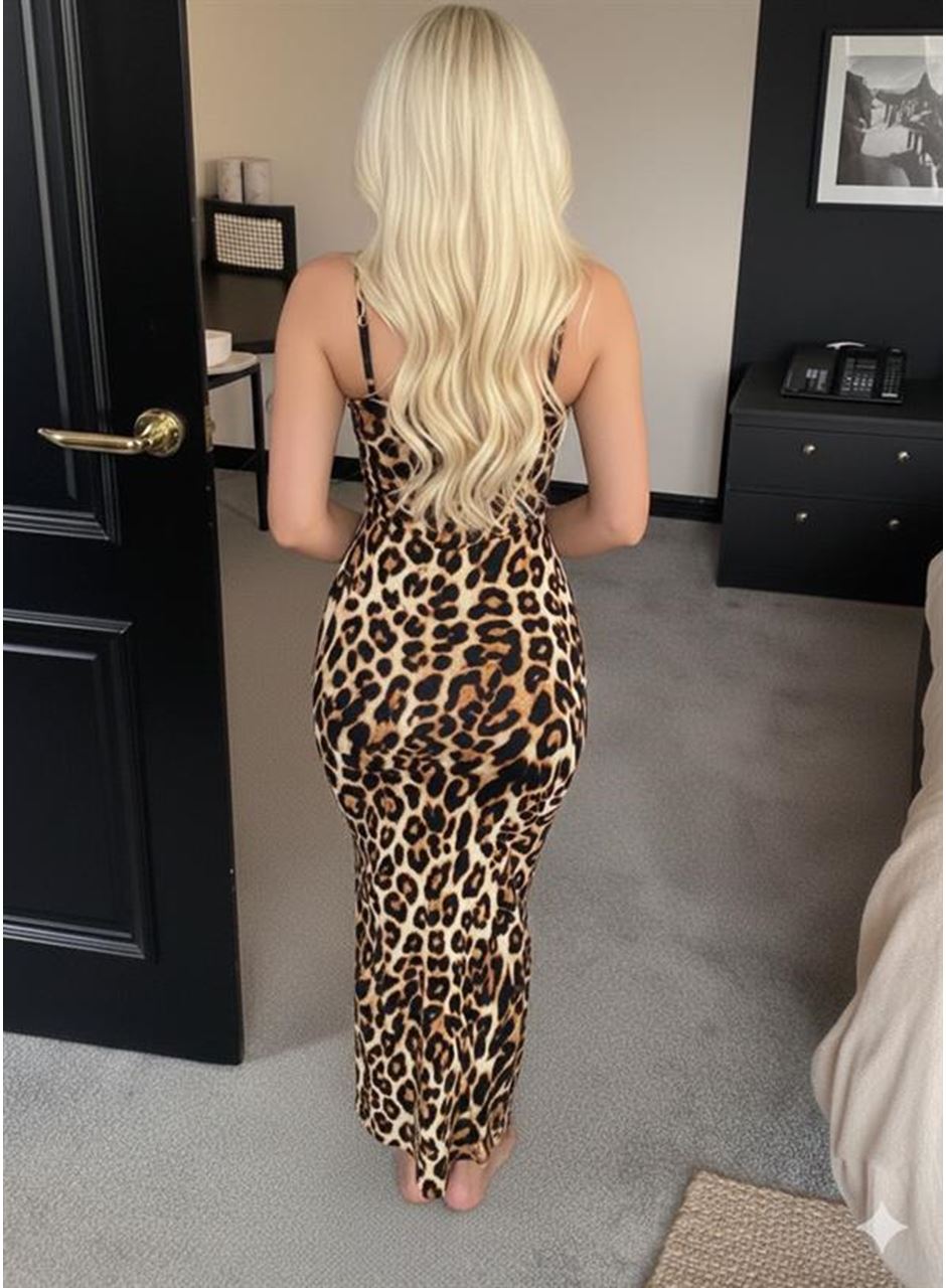 Pamuklu Leopar Desenli İnce Askılı Uzun Elbise