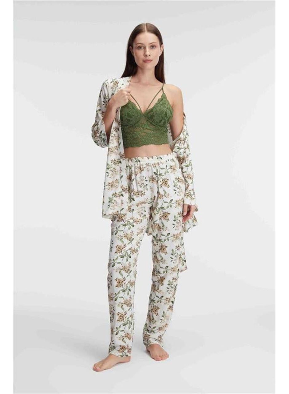 İp Askılı V Yaka Çiçek Desenli Yazlık Dokuma Dantel Detaylı Sabahlık Pijama Takımı