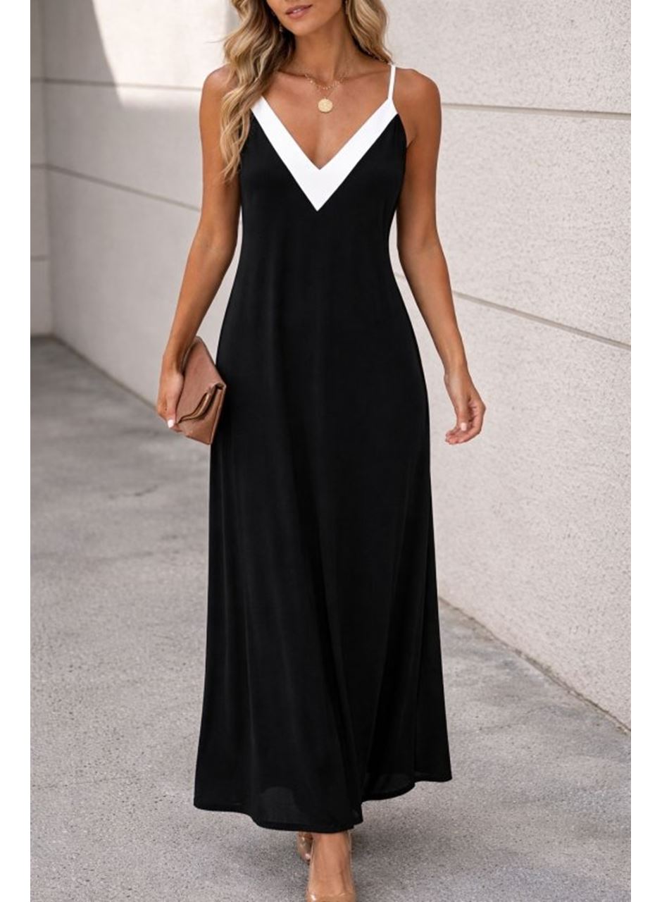 Kadın Ip Askılı Keskin V Yakalı Uzun Viskon Elbise