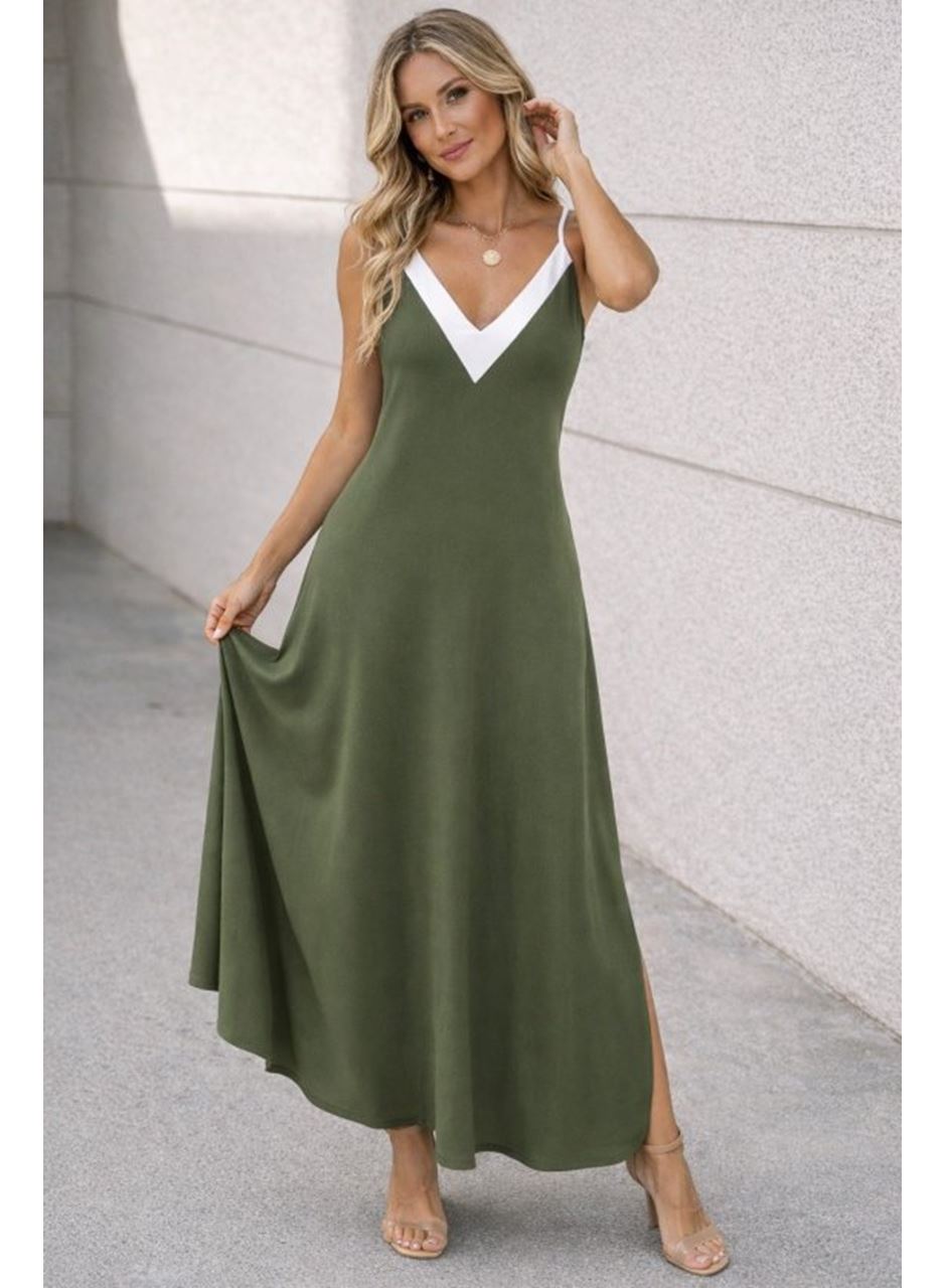Kadın Ip Askılı Keskin V Yakalı Uzun Viskon Elbise