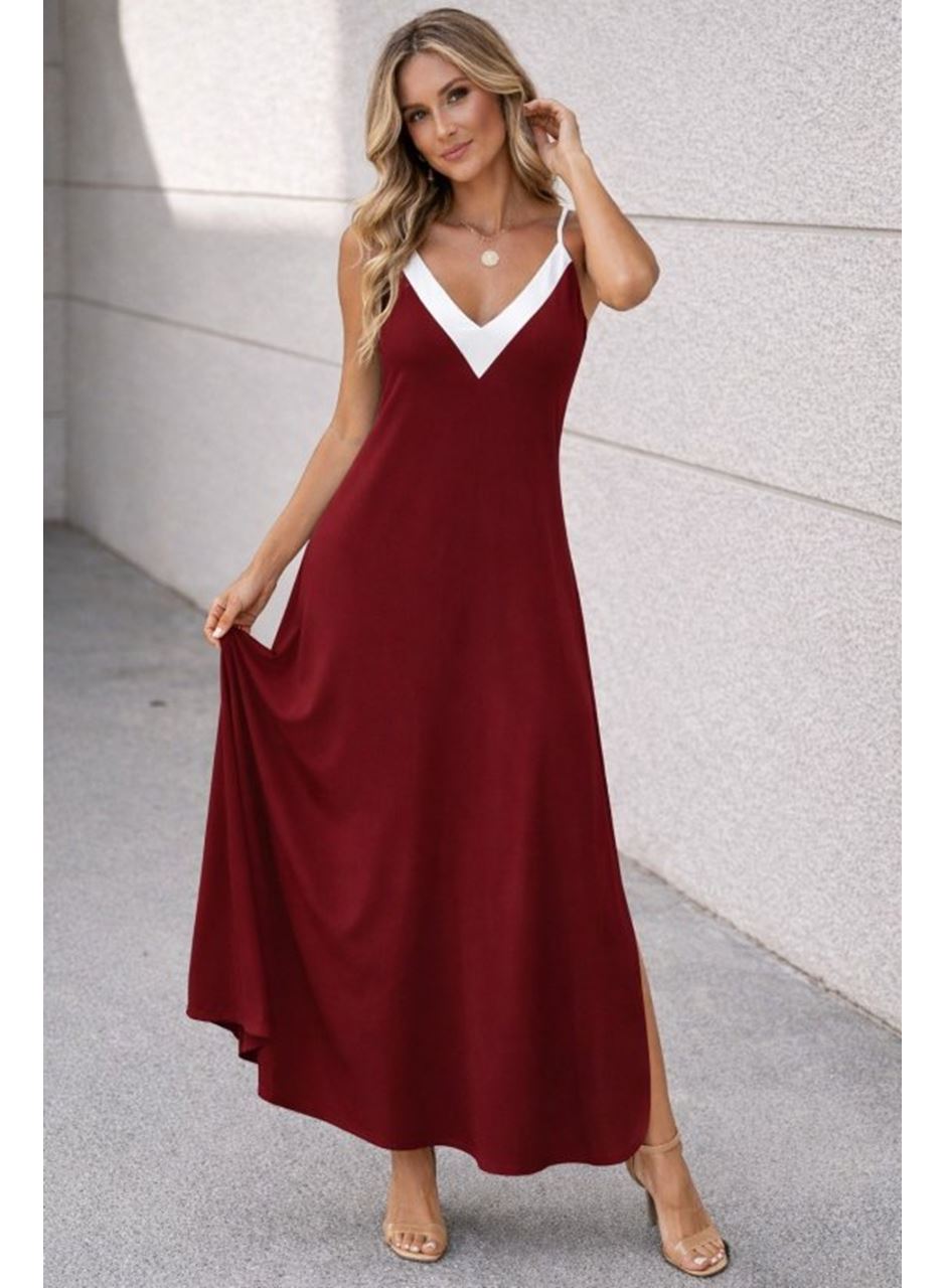 Kadın Ip Askılı Keskin V Yakalı Uzun Viskon Elbise