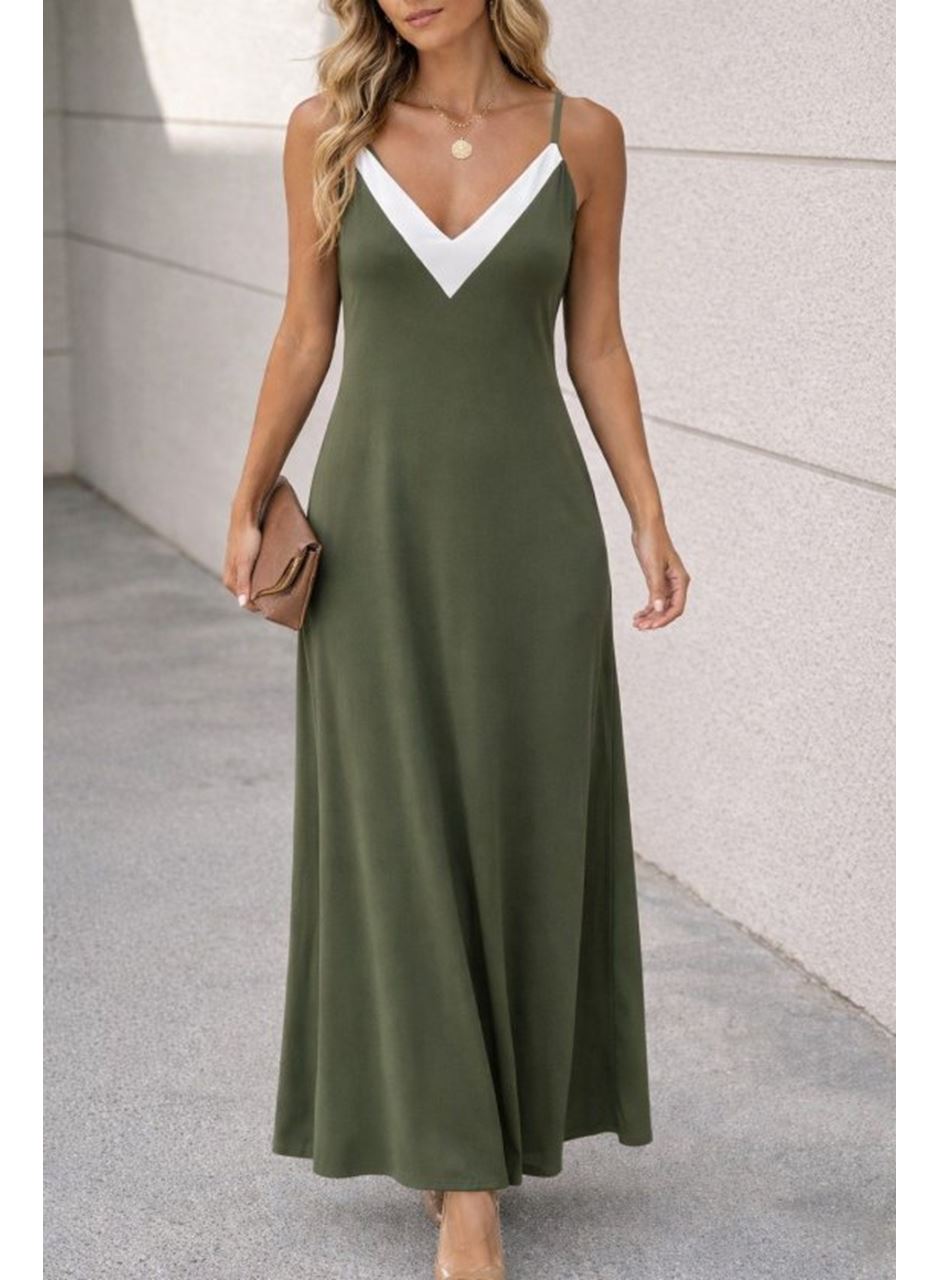Kadın Ip Askılı Keskin V Yakalı Uzun Viskon Elbise