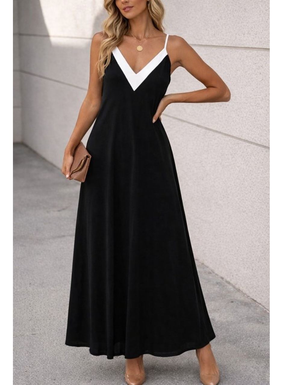 Kadın Ip Askılı Keskin V Yakalı Uzun Viskon Elbise
