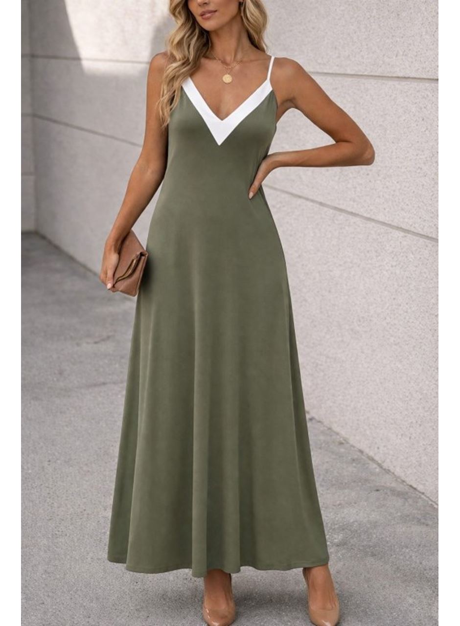 Kadın Ip Askılı Keskin V Yakalı Uzun Viskon Elbise