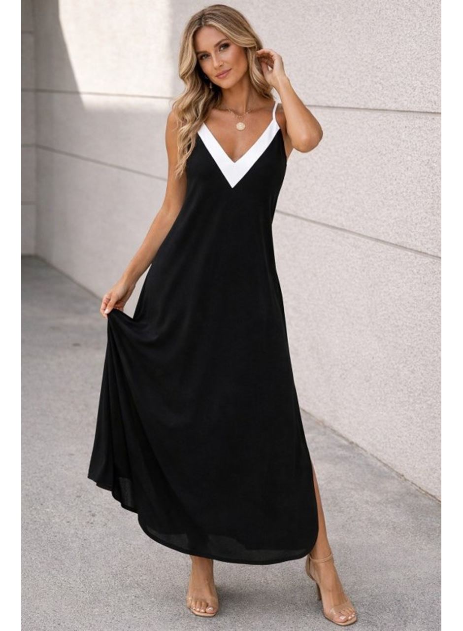 Kadın Ip Askılı Keskin V Yakalı Uzun Viskon Elbise
