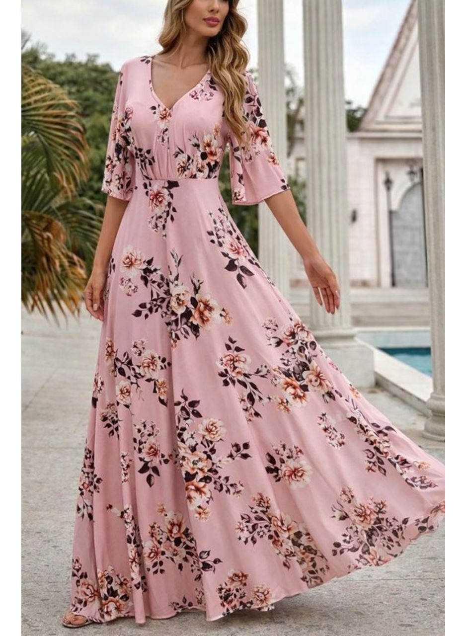 Kadın Kısa Kollu V Yakalı Desenli Süprem Elbise