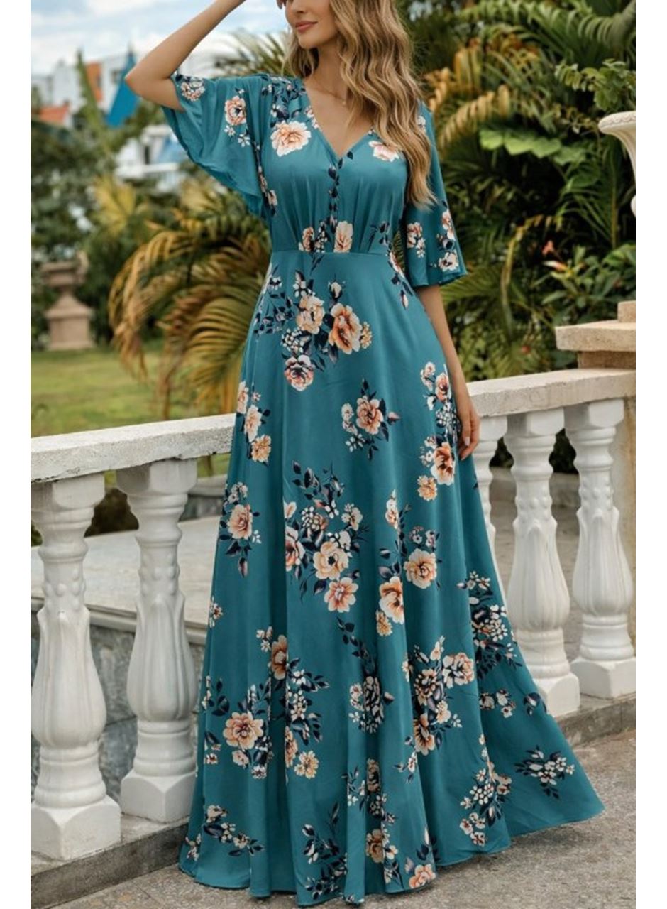 Kadın Kısa Kollu V Yakalı Desenli Süprem Elbise