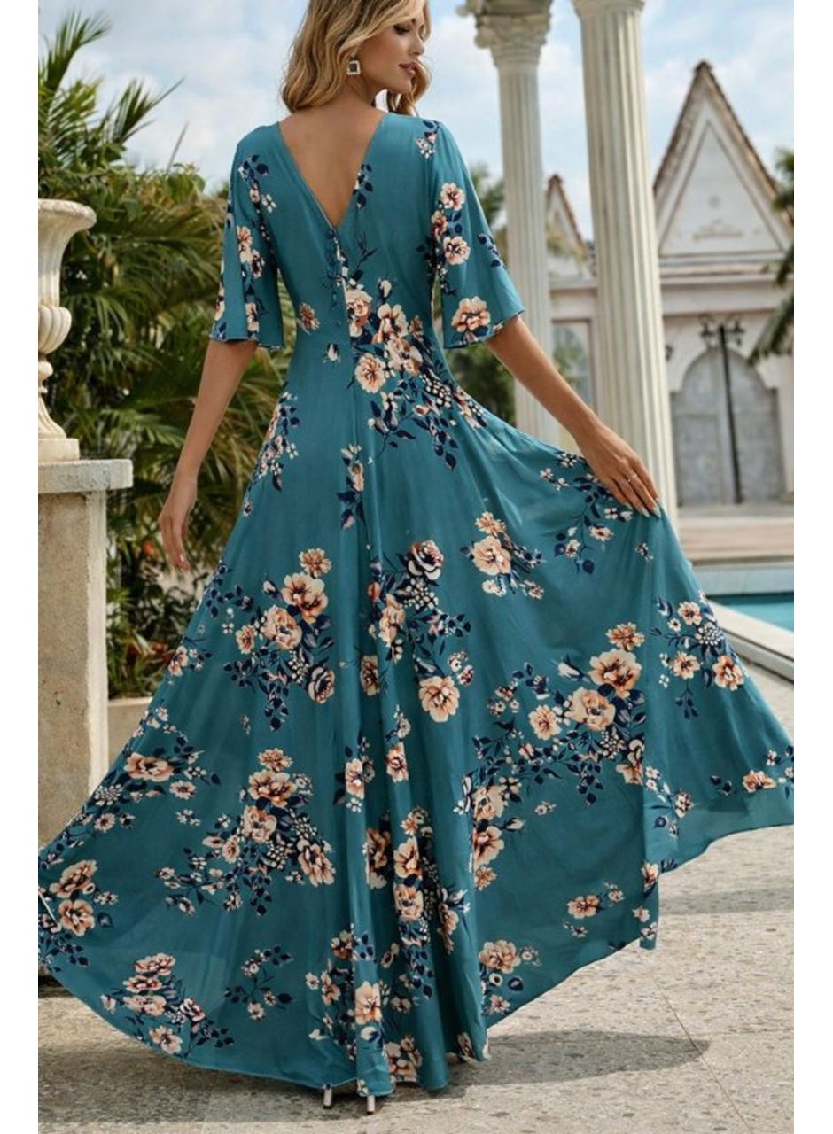 Kadın Kısa Kollu V Yakalı Desenli Süprem Elbise