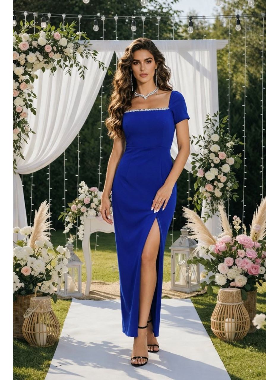 Kadın Kısa Kollu Kare Yakalı Sim Detaylı Arkadan Bağcıklı Yırtmaçlı Uzun Ithal Krep Elbise