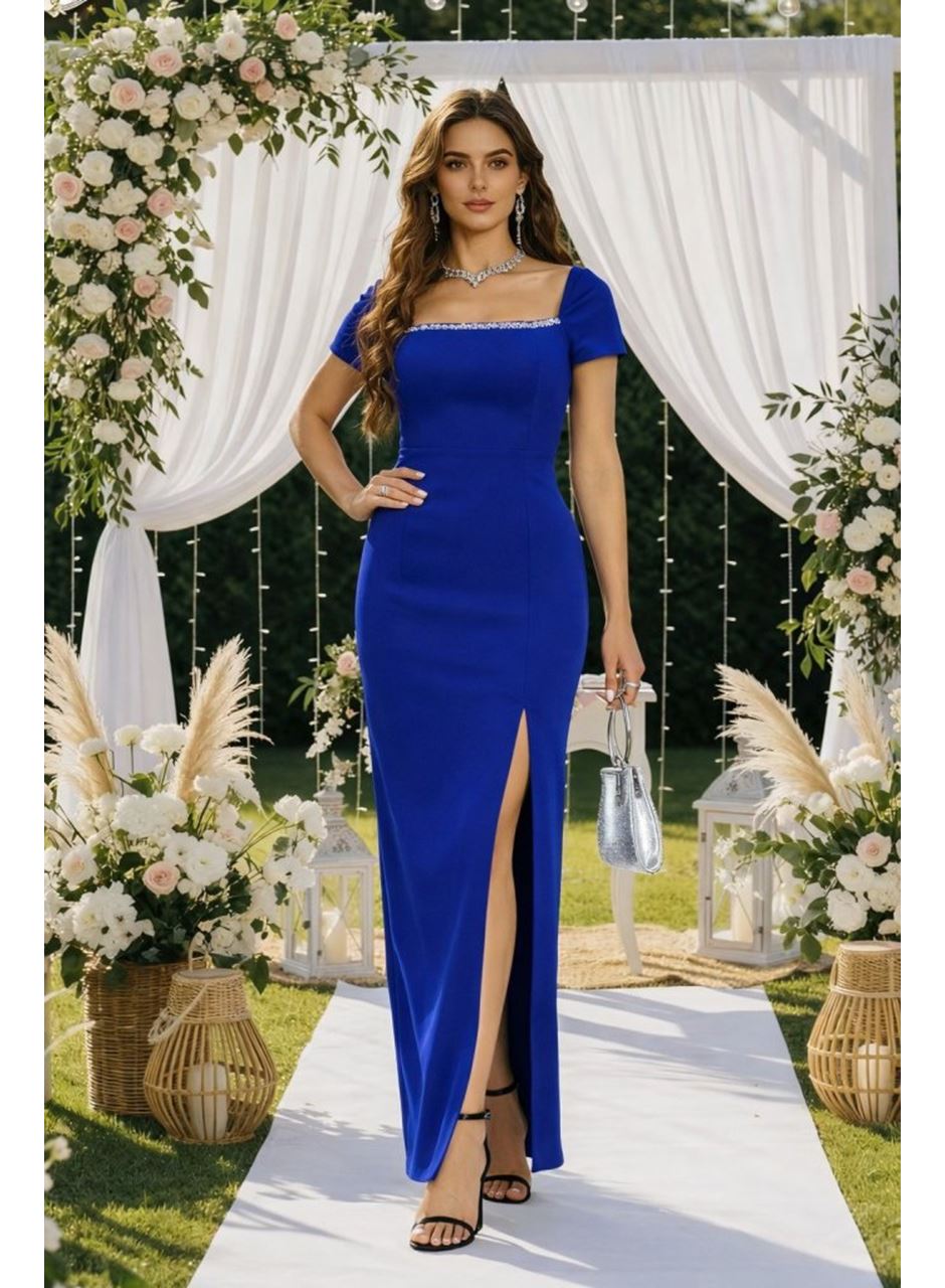 Kadın Kısa Kollu Kare Yakalı Sim Detaylı Arkadan Bağcıklı Yırtmaçlı Uzun Ithal Krep Elbise