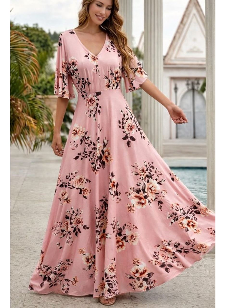 Kadın Kısa Kollu V Yakalı Desenli Süprem Elbise