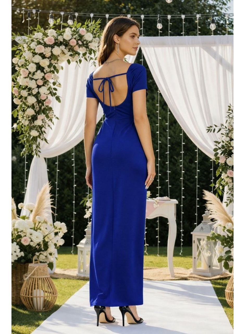 Kadın Kısa Kollu Kare Yakalı Sim Detaylı Arkadan Bağcıklı Yırtmaçlı Uzun Ithal Krep Elbise